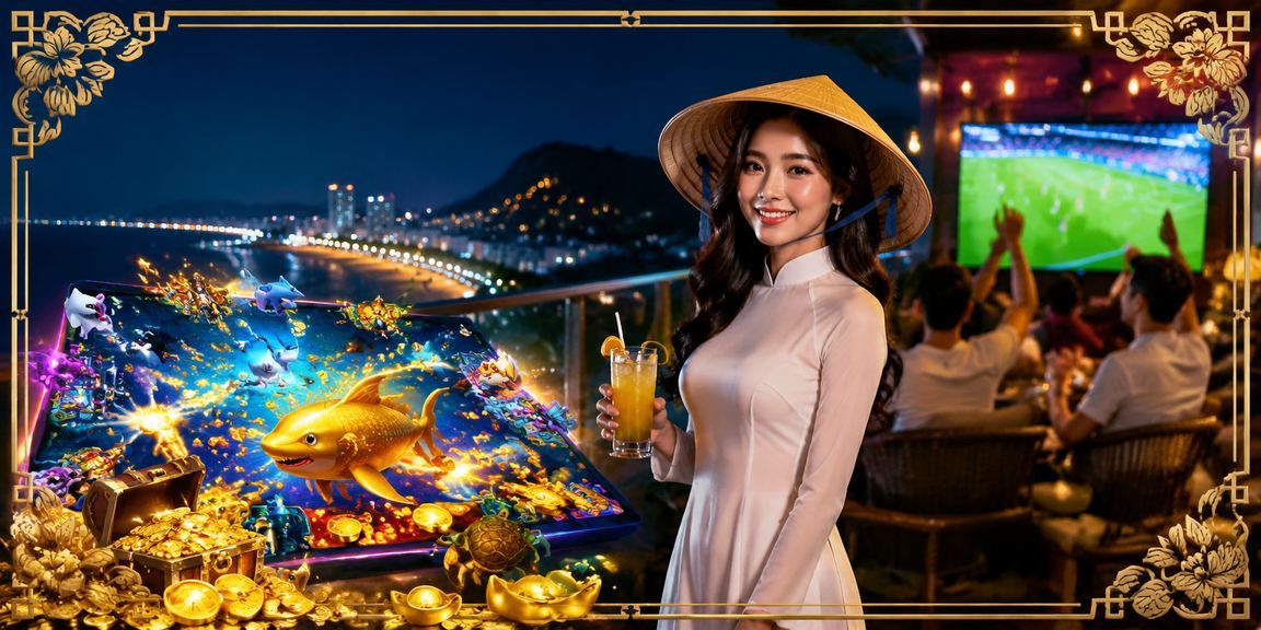 Người chơi Vũng Tàu đội nón lá theo dõi kèo cá cược thể thao bên bờ biển buổi tối